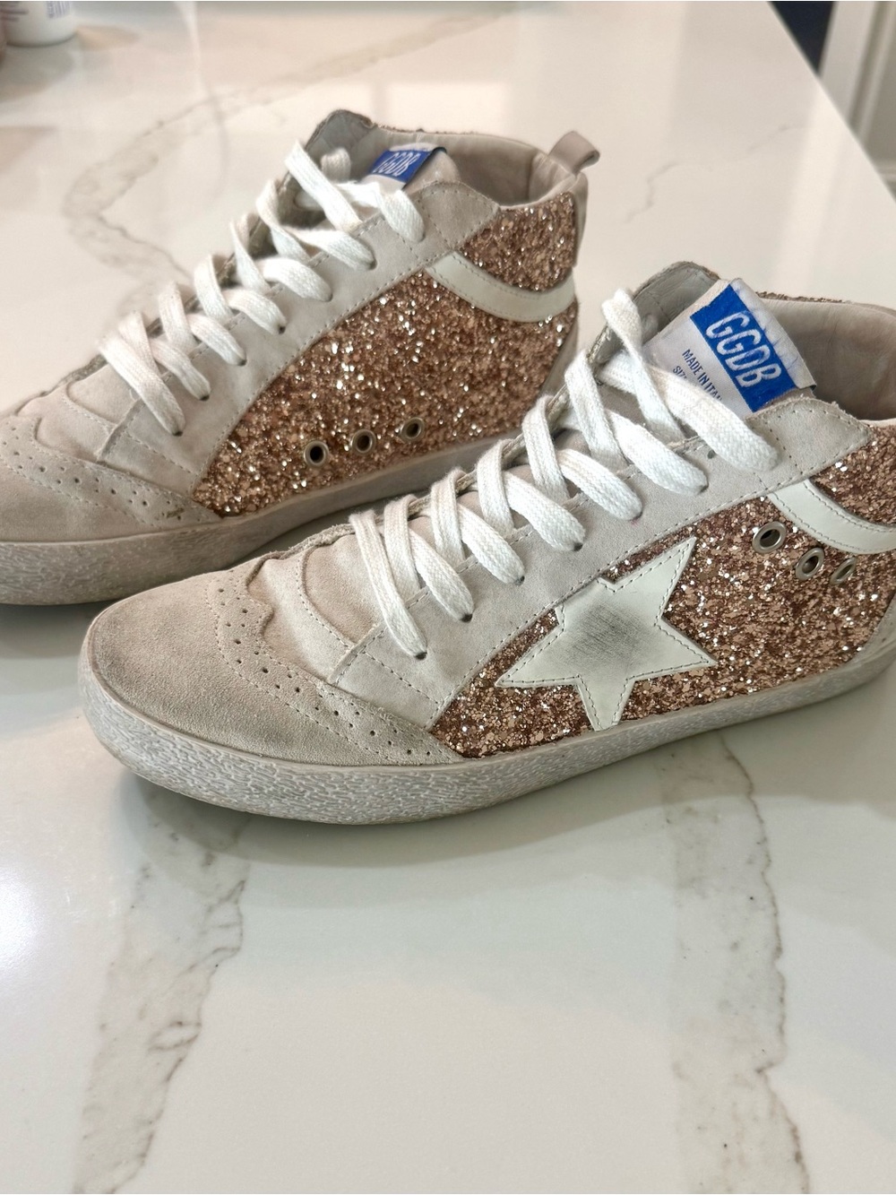 Golden Goose Mid Star Glitter Sneakers - Rose Gold & White Leather - Picture 5 of 10